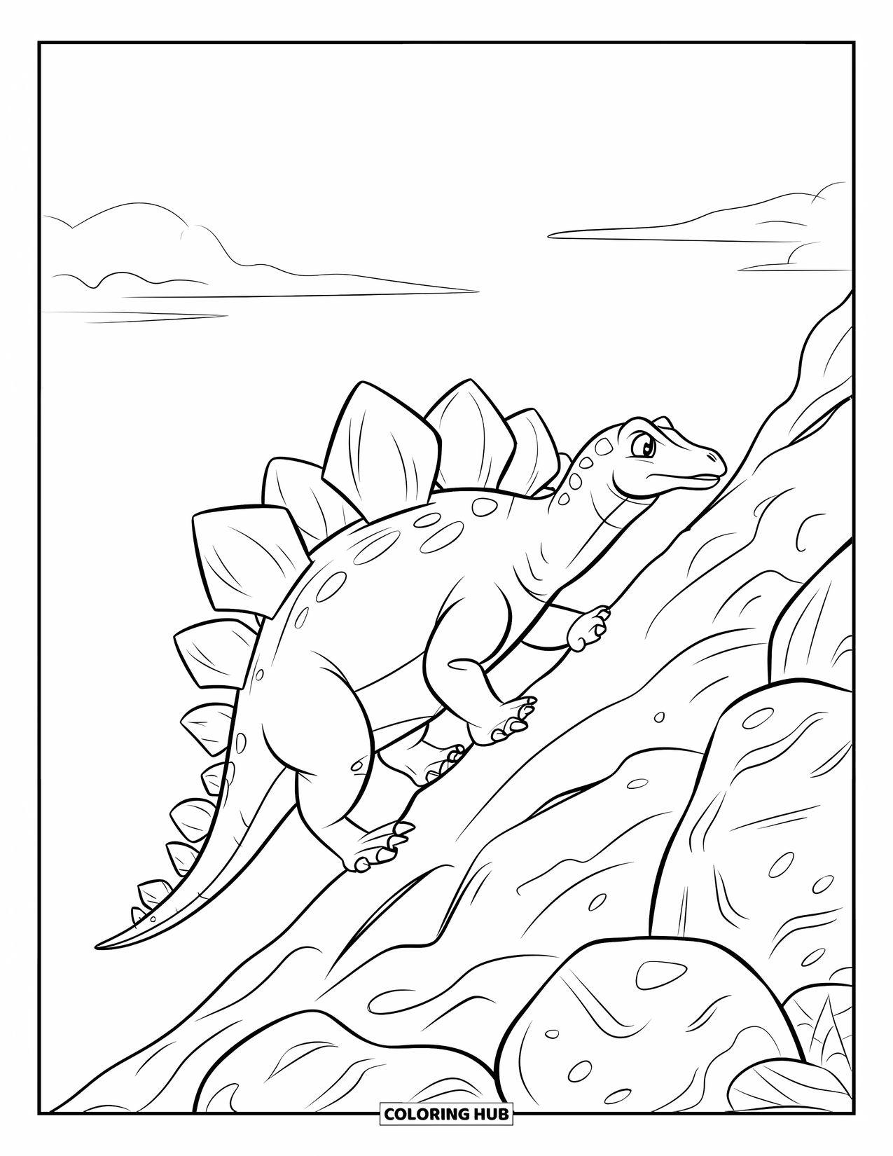 Stegosaurus Coloring Page for Kids: A determined stegosaurus climbs a rocky slope filled with large boulders