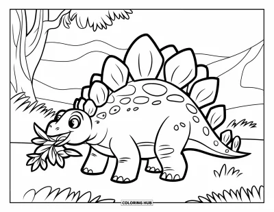 Tegning af stegosaurus til børn: En glad stegosaurus spiser en løvrig gren nær træer og et blødt bjerg