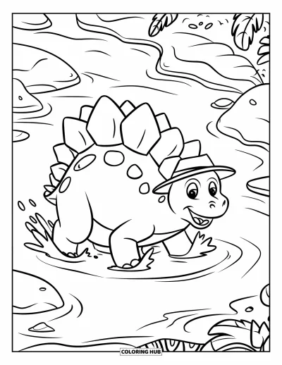 Tegning af stegosaurus til børn: En glad stegosaurus med hat plasker i vand nær sten og blade