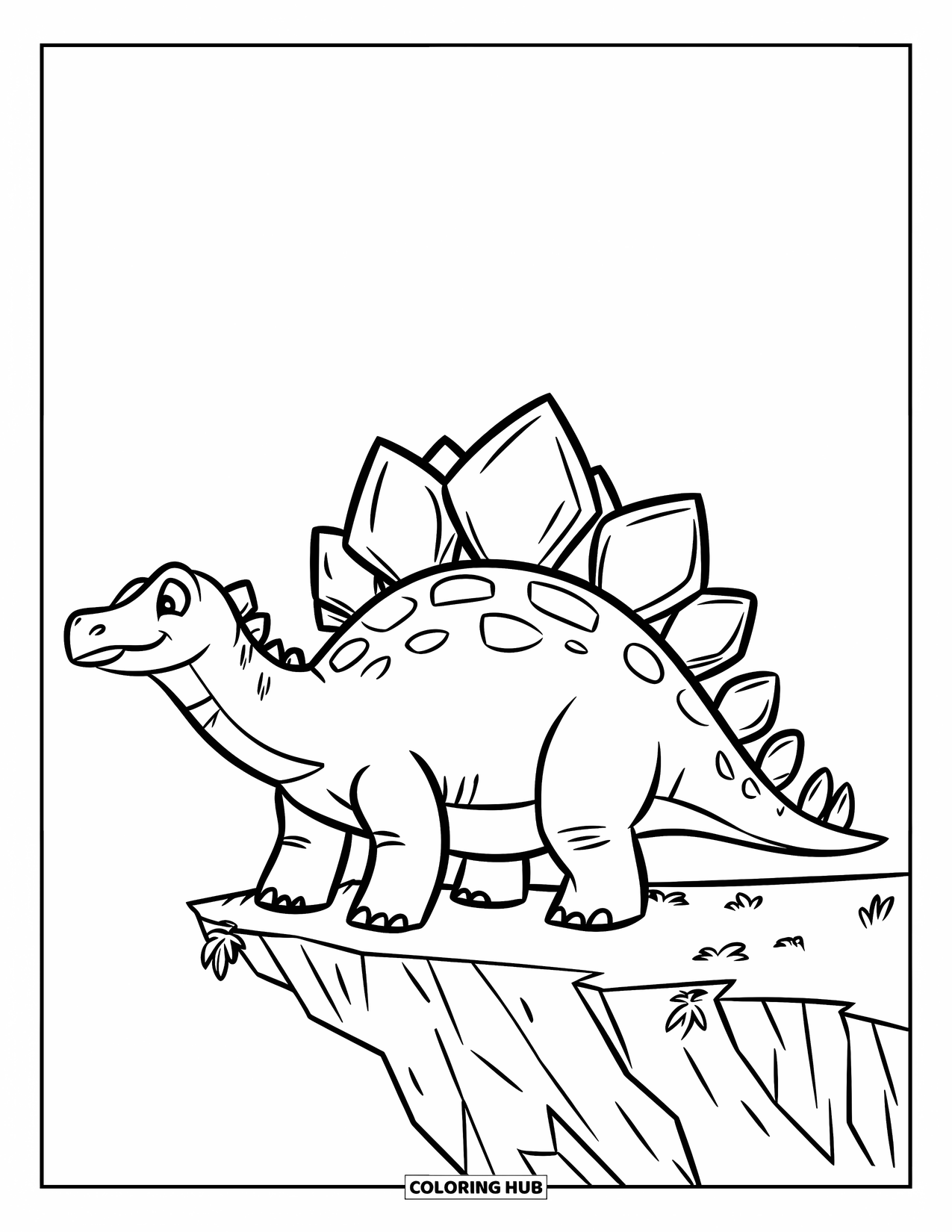 Stegosaurus Coloring Page for Kids: A proud stegosaurus stands on a jagged cliff with plants growing at the edge