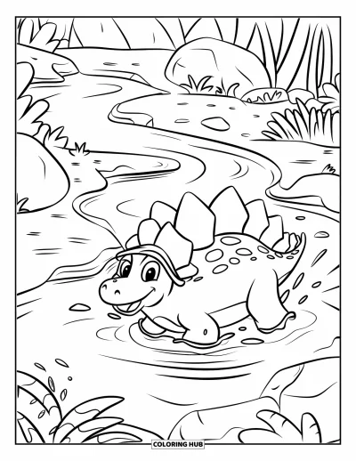 Tegning af stegosaurus til børn: En smilende stegosaurus med hat plasker i en bæk omgivet af sten og planter