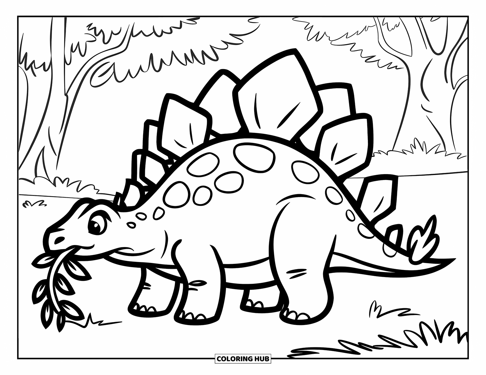 Stegosaurus Coloring Page for Kids: A smiling stegosaurus snacks on leaves beside trees and grass