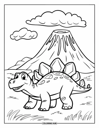 Tegning af stegosaurus til børn: En smilende stegosaurus går nær en lavafyldt vulkan under to skyer