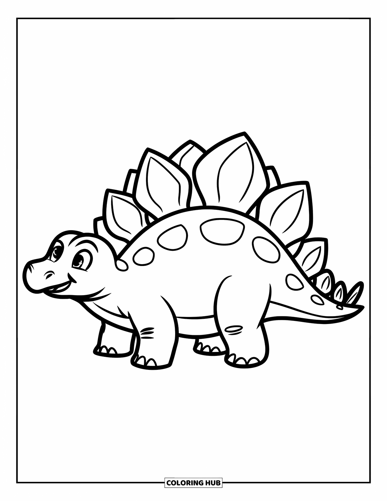 Stegosaurus Coloring Page for Kids: A smiling stegosaurus with big plates stands in profile on a white background