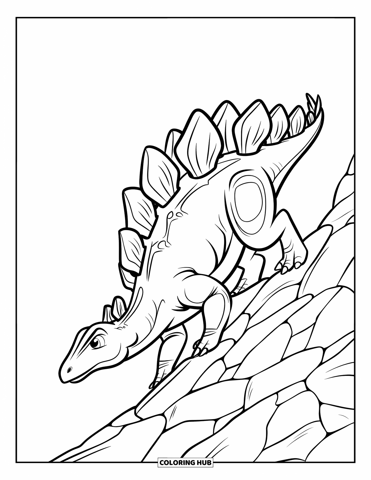 Stegosaurus Coloring Page for Kids: A stegosaurus climbs a rocky slope with visible muscle lines and bold outlines