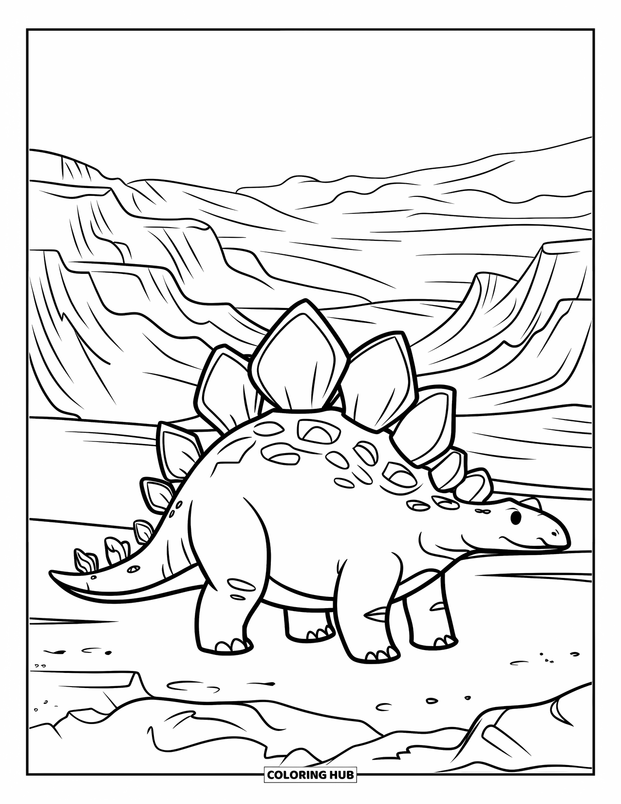 Stegosaurus Coloring Page for Kids: A stegosaurus faces right while standing in a rocky prehistoric valley