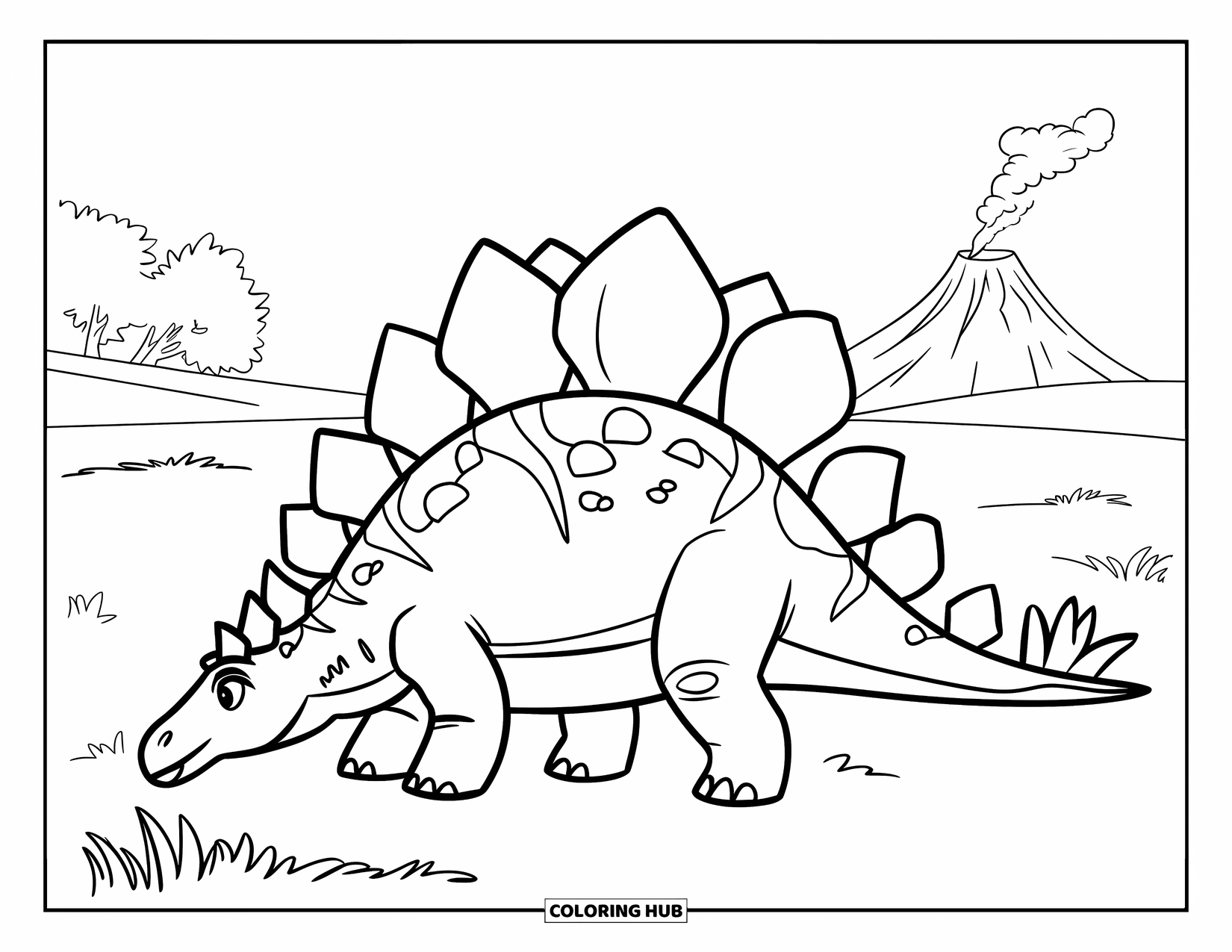 Stegosaurus Coloring Page for Kids: A stegosaurus grazes in a field with a smoking volcano in the distance