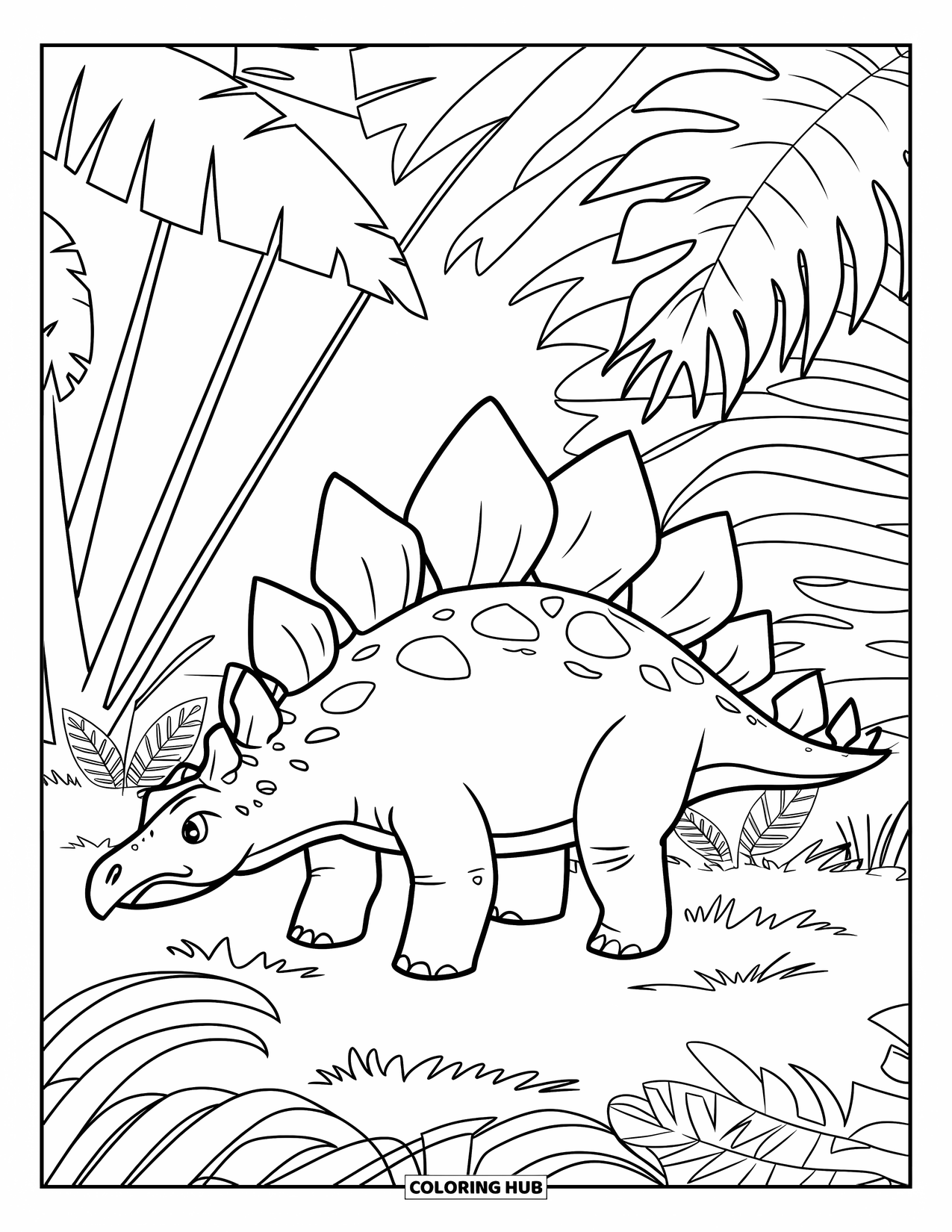 Stegosaurus Coloring Page for Kids: A stegosaurus grazes quietly among tall ferns and leafy prehistoric plants