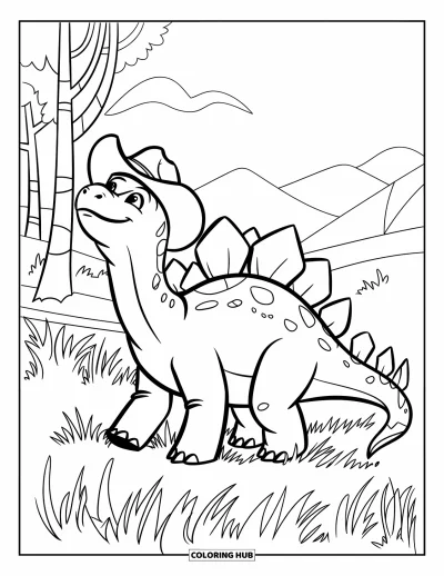 Tegning af stegosaurus til børn: En stegosaurus i cowboyhat går gennem højt græs nær bjerge