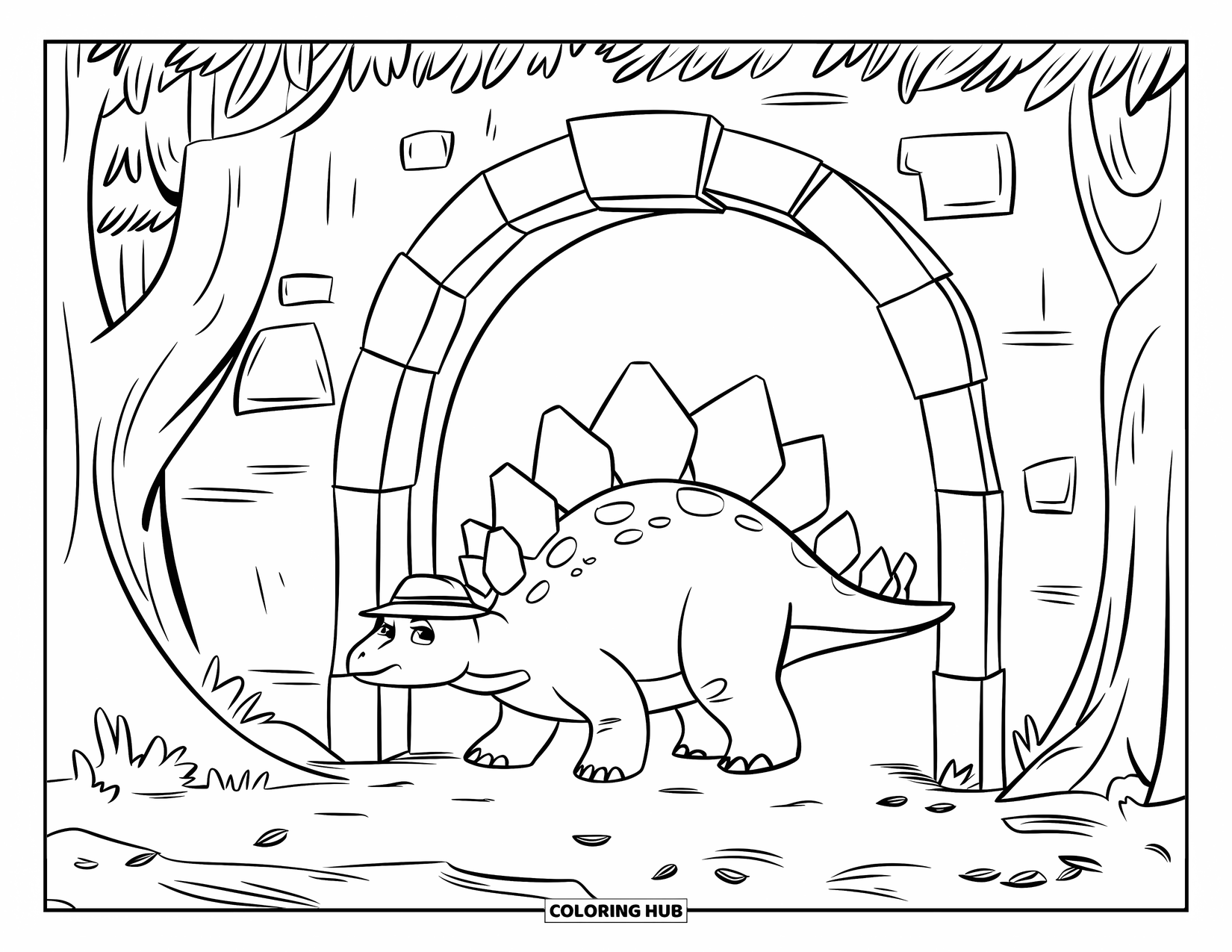 Stegosaurus Coloring Page for Kids: A stegosaurus in a small hat steps through a leafy stone arch into the forest