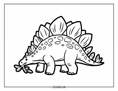 Tegning af stegosaurus til børn: En stegosaurus tygger på en løvrig gren med et glad og afslappet udtryk