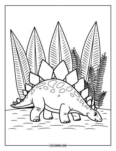 Tegning af stegosaurus til børn: En stegosaurus spiser af høje cykaspalmer og bregner i en fredfyldt skov