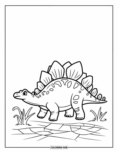 Tegning af stegosaurus til børn: En stegosaurus står ved revnet jord med små planter der begynder at gro