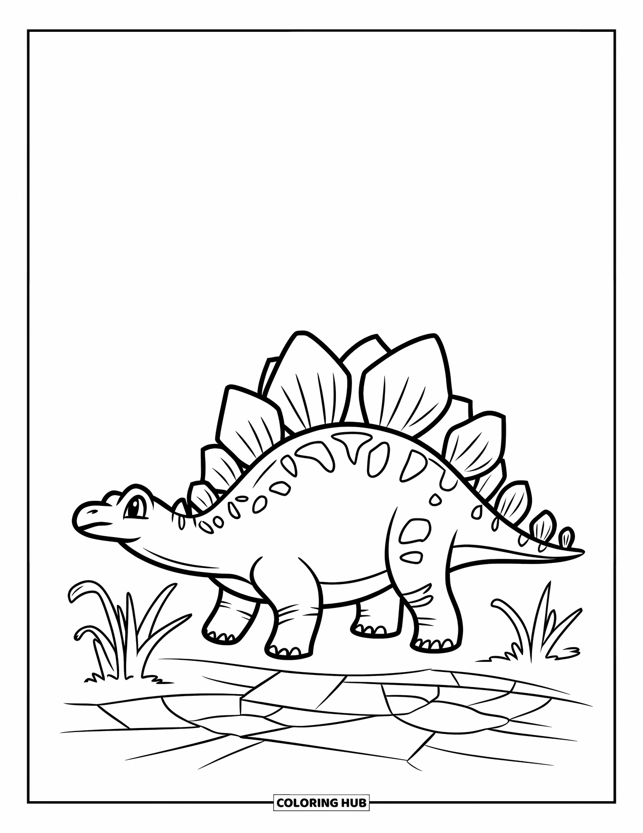 Stegosaurus Coloring Page for Kids: A stegosaurus stands beside cracked earth with small plants beginning to grow
