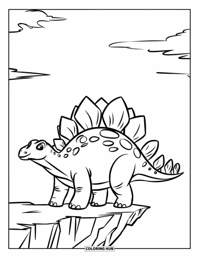 Tegning af stegosaurus til børn: En stegosaurus står selvsikkert på en klippekant under en delvis overskyet himmel
