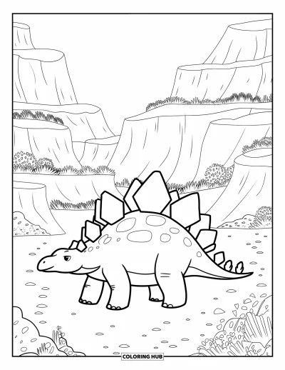 Tegning af stegosaurus til børn: En stegosaurus står i en frodig dal fyldt med lagdelte bjerge og planter