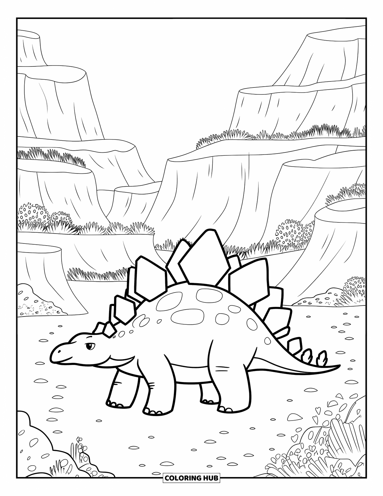 Stegosaurus Coloring Page for Kids: A stegosaurus stands in a lush valley filled with layered mountains and plants