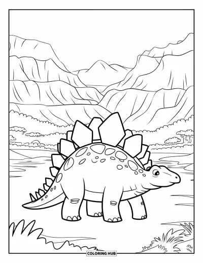 Tegning af stegosaurus til børn: En stegosaurus står i en bred dal med træer, bjerge og roligt vand