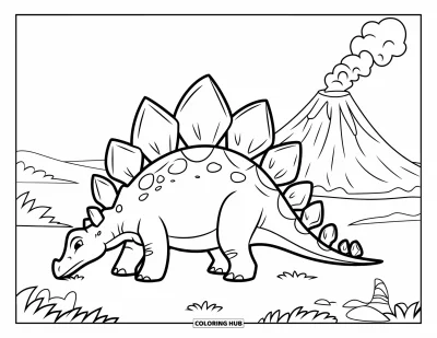 Tegning af stegosaurus til børn: En stegosaurus står i bakkede enge med en rygende vulkan bag sig