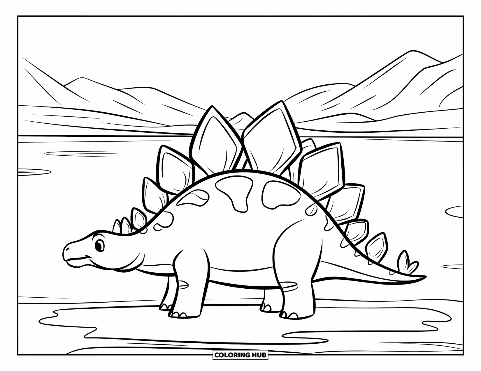 Stegosaurus Coloring Page for Kids: A stegosaurus stands on a rocky shore, looking at the lake and mountains