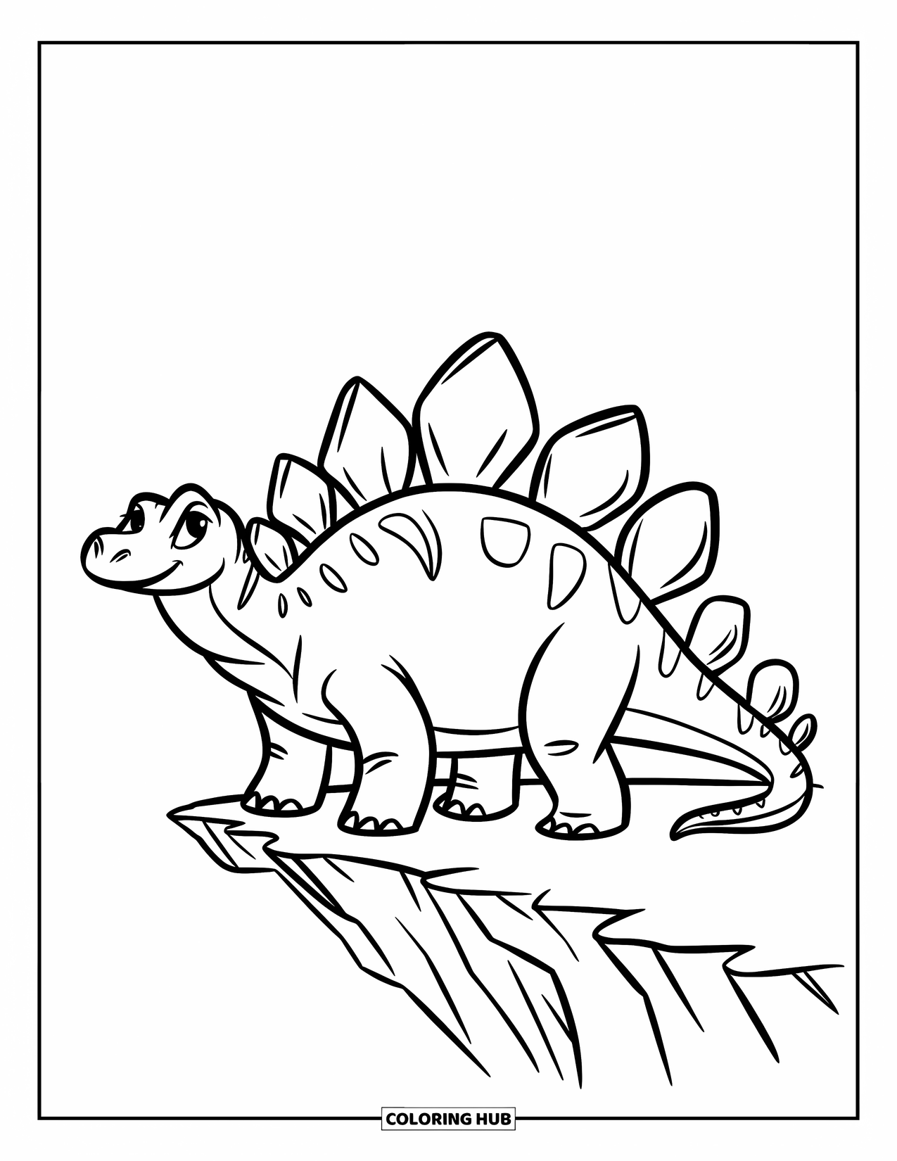 Stegosaurus Coloring Page for Kids: A stegosaurus stands proudly on a small cliff edge with a clean background