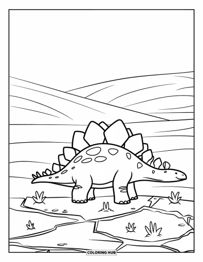 Tegning af stegosaurus til børn: En stegosaurus står oprejst ved revnet jord med små planter der bryder frem
