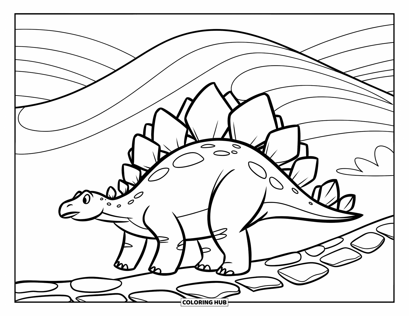 Stegosaurus Coloring Page for Kids: A stegosaurus walks a stone trail with green hills and rounded slopes