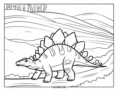 Tegning af stegosaurus til børn: En stegosaurus går ad en sti med blide bakker og træer bagved