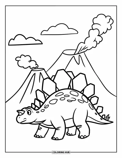 Tegning af stegosaurus til børn: En stegosaurus går ved siden af en vulkan med to bløde skyer ovenover