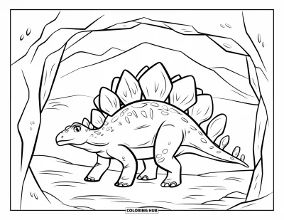 Tegning af stegosaurus til børn: En stegosaurus går ind i en stenet hule omgivet af et bjergrigt landskab