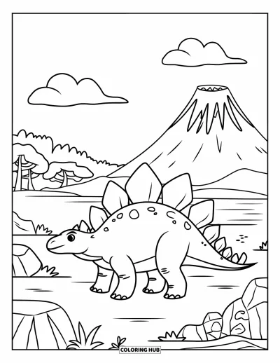 Tegning af stegosaurus til børn: En stegosaurus går nær en vulkan omgivet af skov, sten og en rolig sø