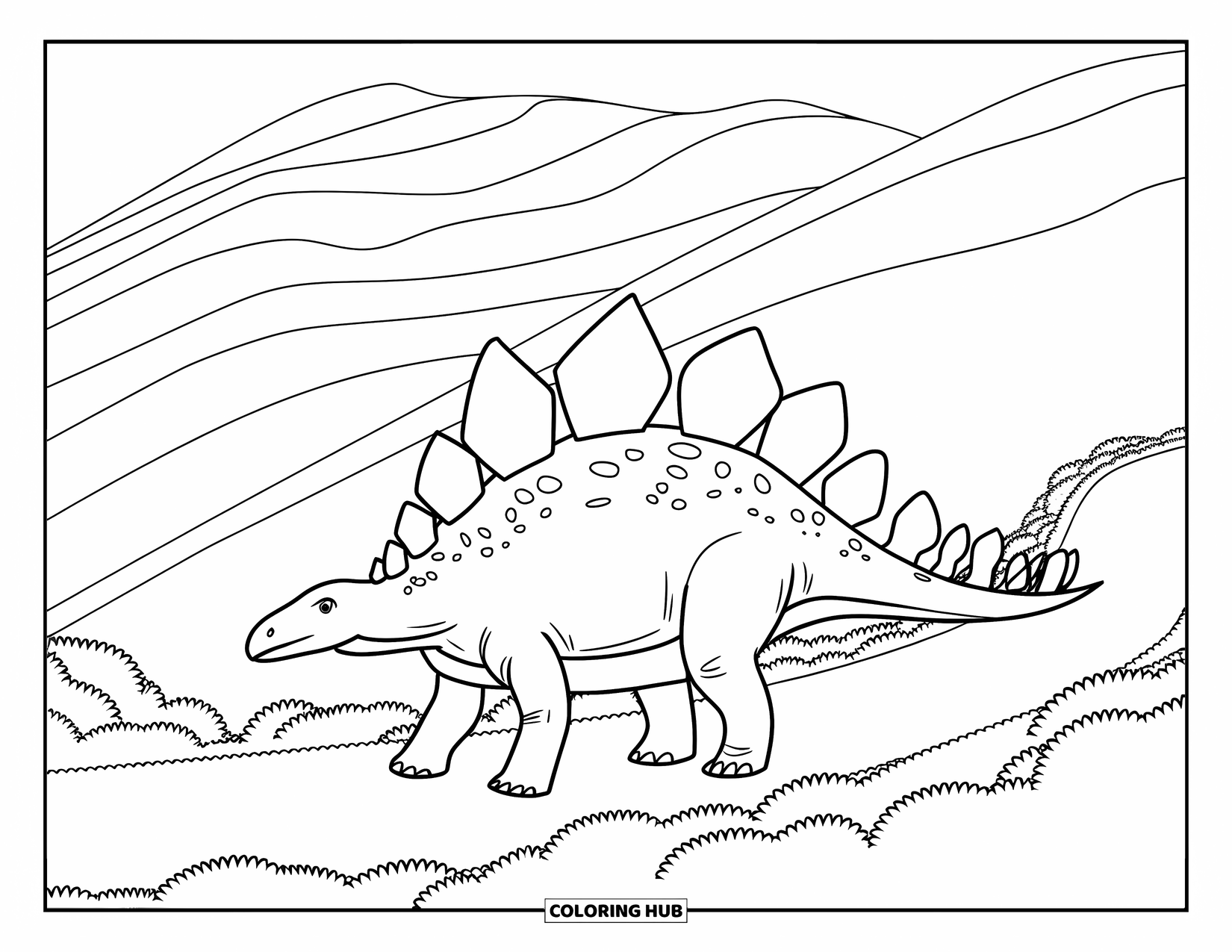 Stegosaurus Coloring Page for Kids: A stegosaurus walks past layered green hills and lush plants