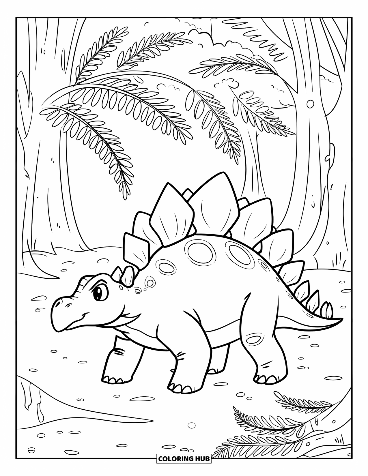 Stegosaurus Coloring Page for Kids: A stegosaurus walks through a forest filled with fern leaves and tiny pebbles