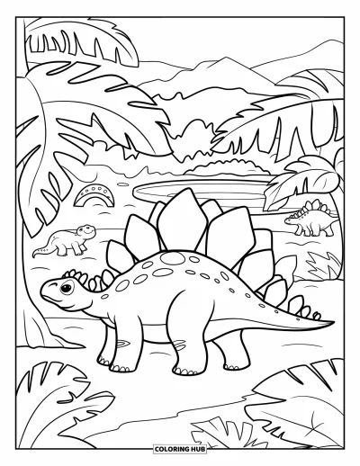 Tegning af stegosaurus til børn: En stegosaurus går gennem bregnetræer nær et krater og små dinosaurer