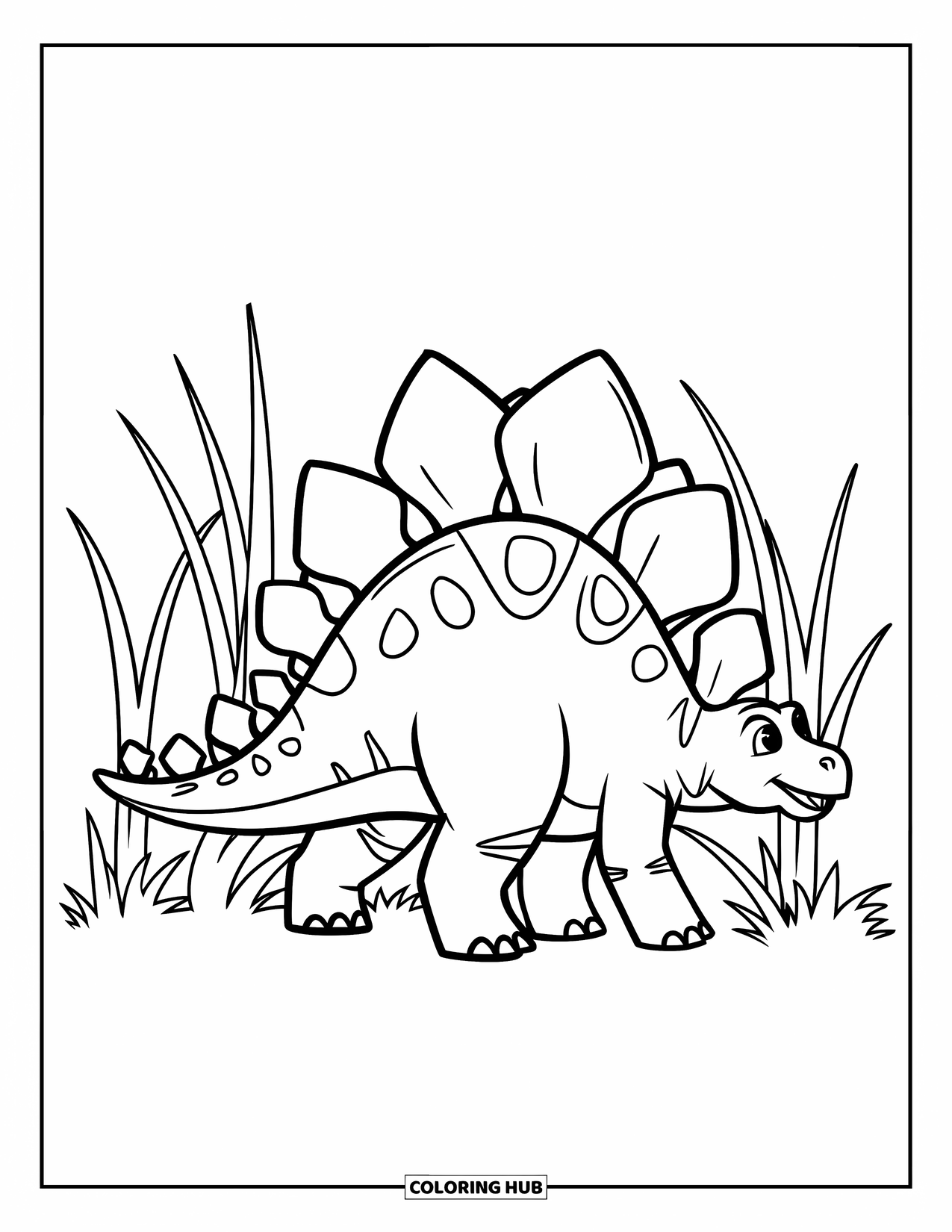Stegosaurus Coloring Page for Kids: A stegosaurus walks through grass, gazing at the sky with bold, simple lines