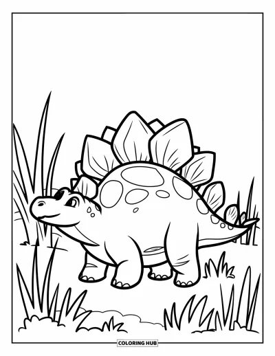 Tegning af stegosaurus til børn: En stegosaurus går gennem højt græs og kigger fredeligt op mod himlen