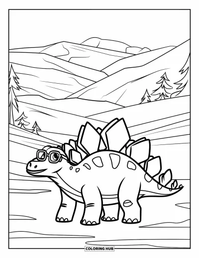 Tegning af stegosaurus til børn: En stegosaurus med briller står i en dal med bjerge og træer