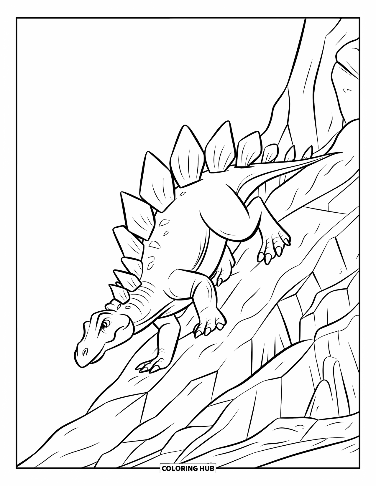 Stegosaurus Coloring Page for Kids: A stegosaurus with a broken plate climbs a sharp rocky slope