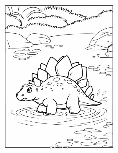 Tegning af stegosaurus til børn: En stegosaurus med knudrede plader vader gennem en lavvandet bæk nær sten og planter