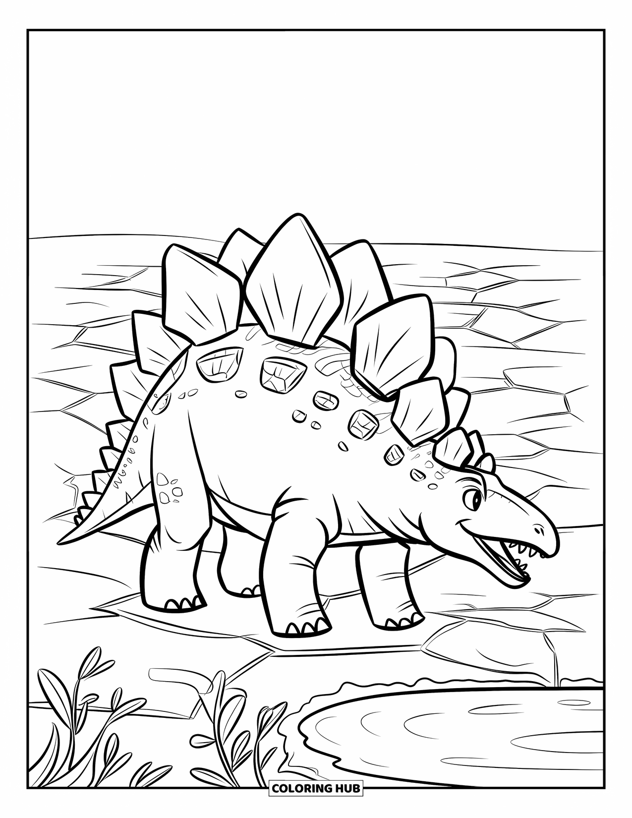 Stegosaurus Coloring Page for Kids: A stegosaurus with its mouth open stands near cracked ground and a small puddle