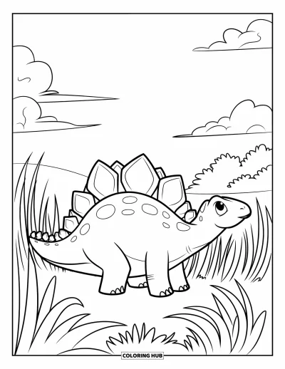 Tegning af stegosaurus til børn: En storøjet stegosaurus med knudrede plader går gennem højt græs under bløde skyer