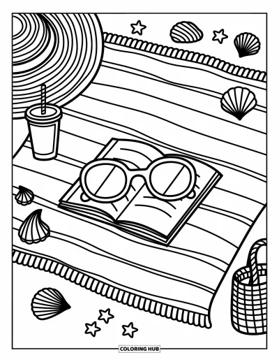 Coloriage de lunettes de soleil pour adultes : Une serviette de plage avec des lunettes de soleil, une boisson et un sac tressé dans une scène chaleureuse