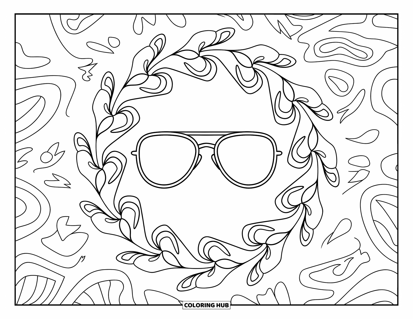 Sunglasses Coloring Page for Adults: A mandala frame of vines surrounds a bold pair of sunglasses