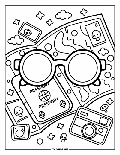 Coloriage de lunettes de soleil pour adultes : Une carte et un passeport posés à côté de lunettes de soleil et de souvenirs dans une jolie scène de voyage