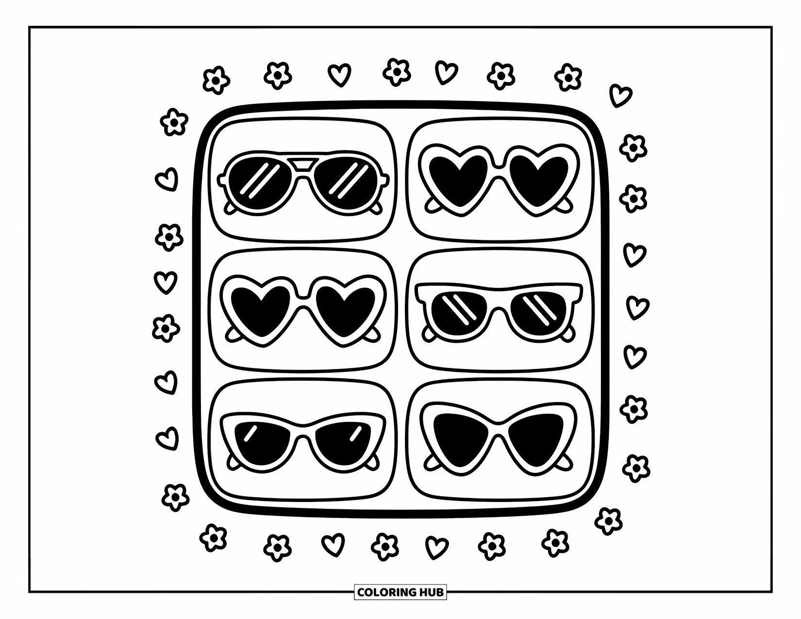 Sunglasses Coloring Page for Adults: A tray holds six cute sunglasses styles with hearts and flowers scattered around