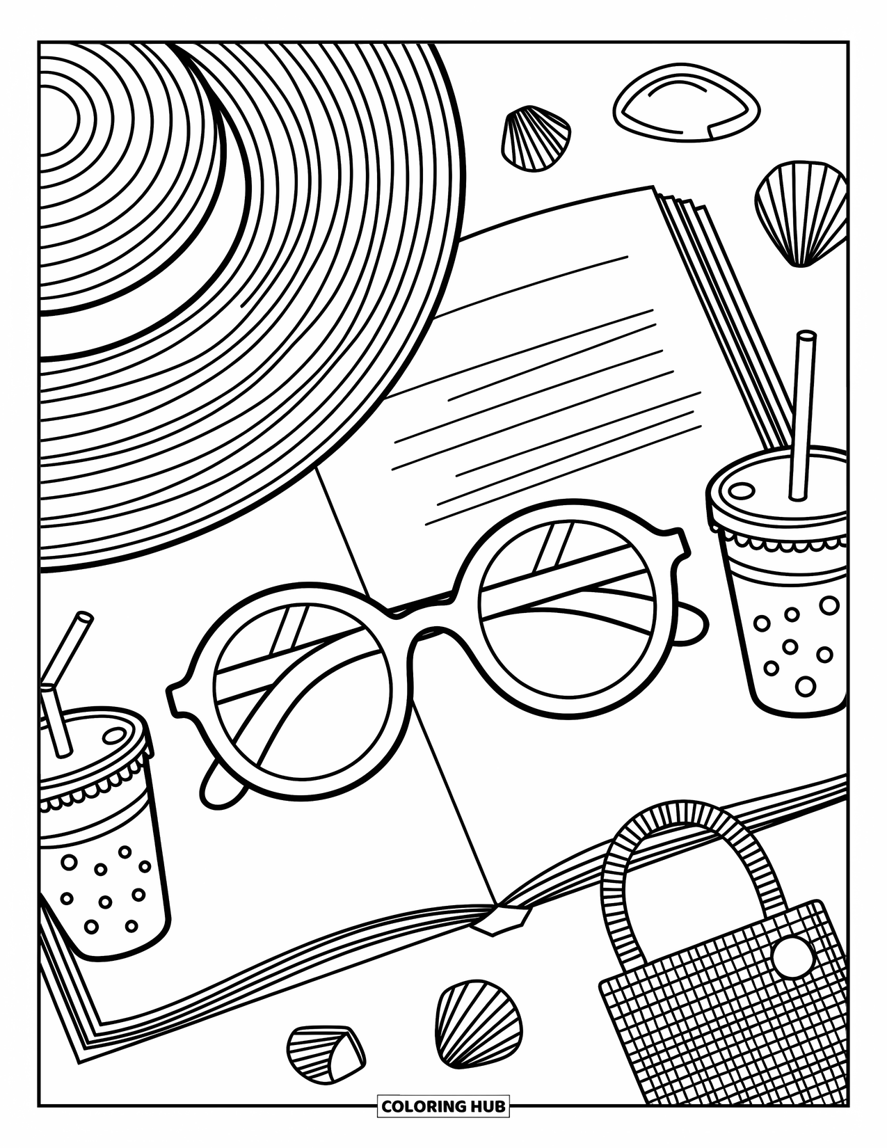 Sunglasses Coloring Page for Adults: An open magazine with sunglasses sits beside a drink, shells, and a sun hat
