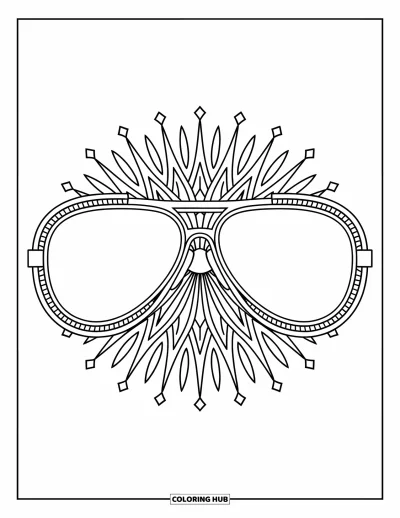 Coloriage de lunettes de soleil pour adultes : Des lunettes aviateur ornées de rayons mandala et d'un travail de lignes minutieux