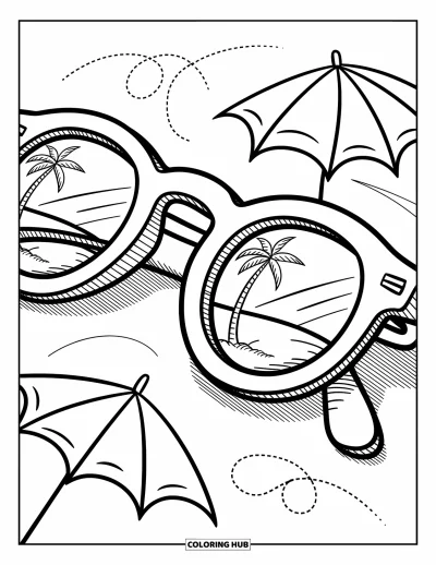 Coloriage de lunettes de soleil pour adultes : Des scènes de plage remplissent les deux verres de ces lunettes illustrées dans un style doodle plein de charme