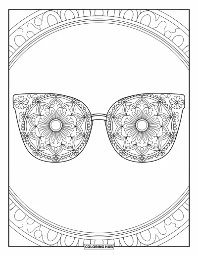 Coloriage de lunettes de soleil pour adultes : Des lunettes œil-de-chat ornées de motifs paisley et de détails mandala sur la monture