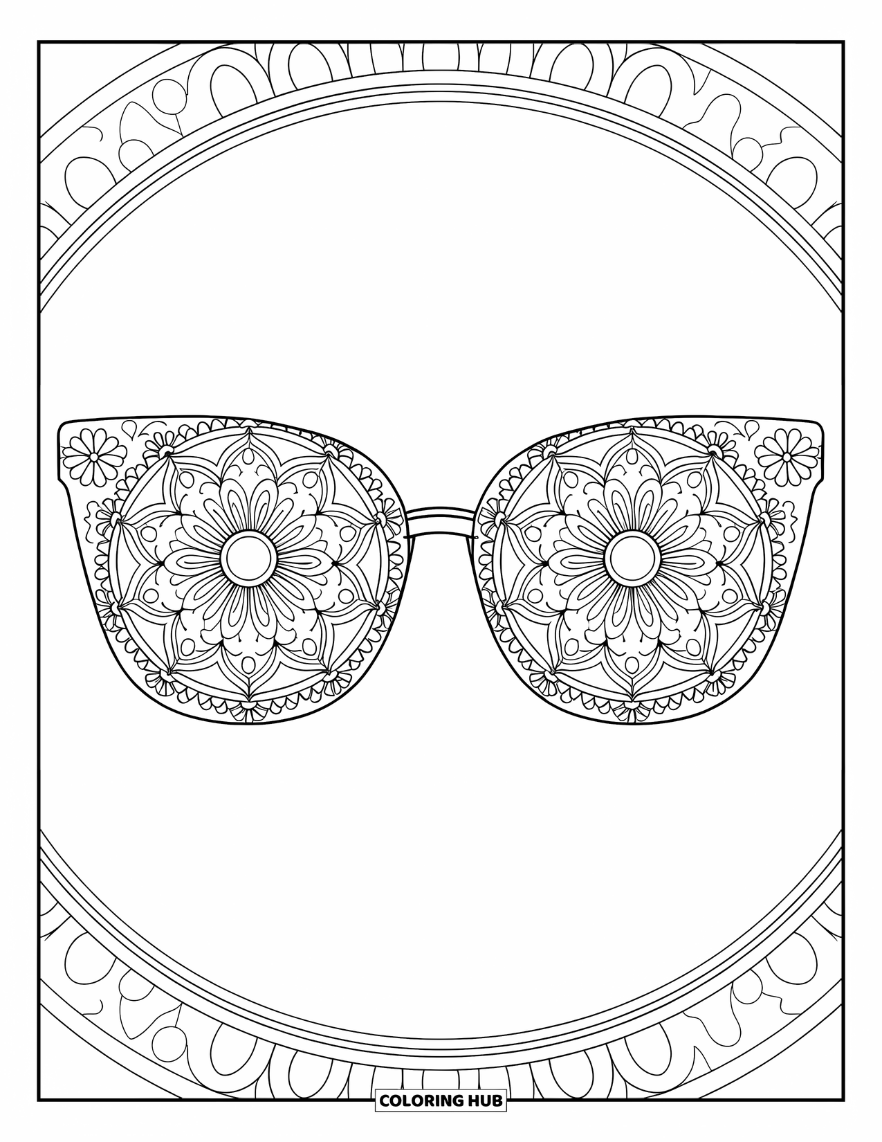 Sunglasses Coloring Page for Adults: Cat-eye sunglasses are filled with paisley and mandala frame details